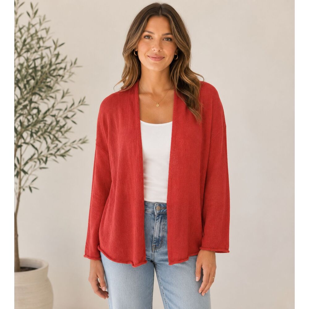 Eileen Fisher 100% Linen Open Front Cardigan Sweater Burnt Orange Small